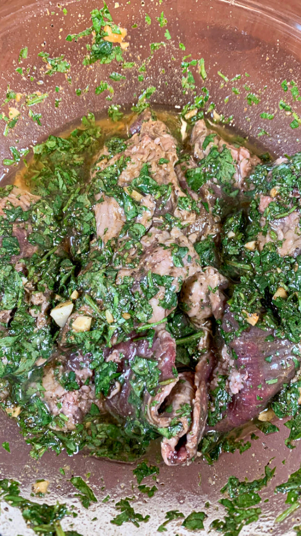 Carne asada marinade for a certified onya skirt steak from BetterFed Beef. Cilantro, garlic. cumin, soy sauce, salt, pepper, peanut oil, lime. 