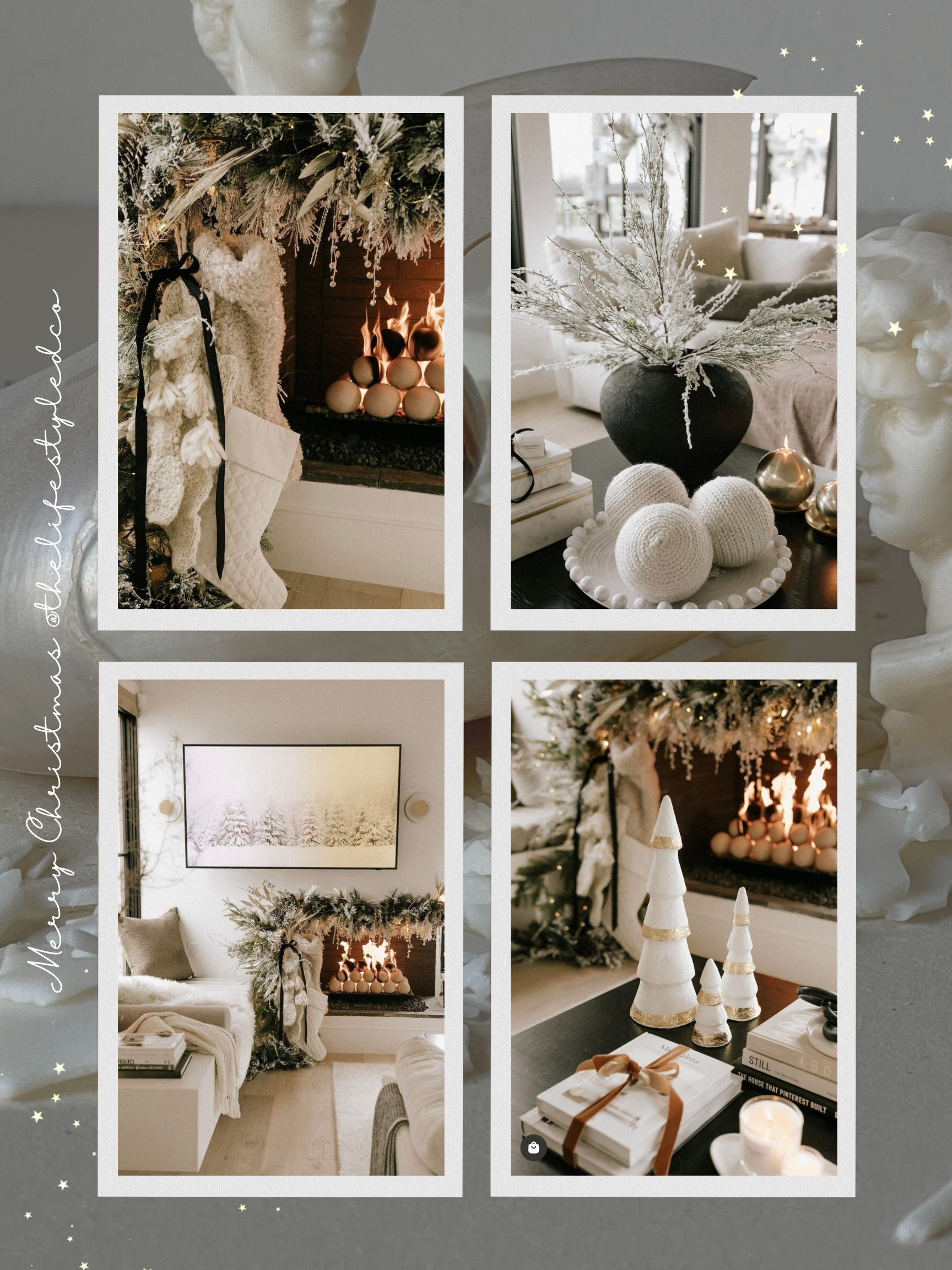 White Christmas home decor, stockings, garland, fireplace