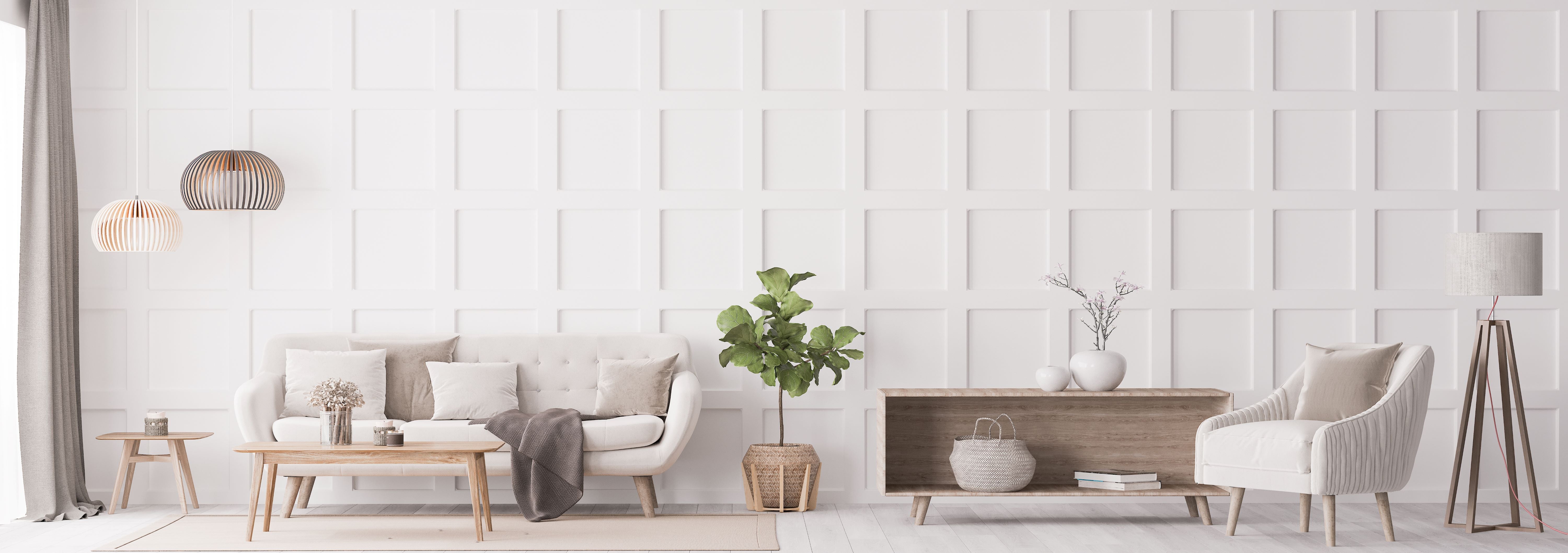 White wall paneling in a living room