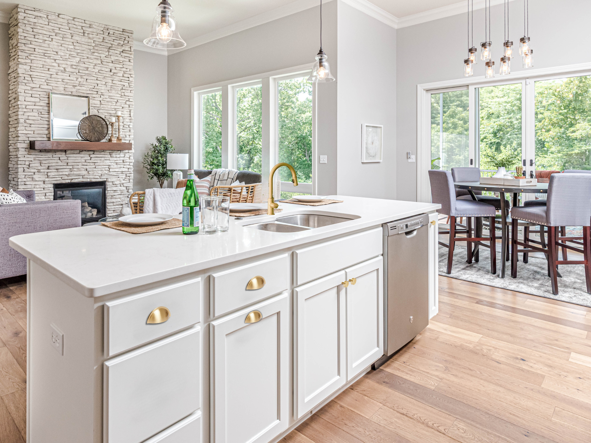 kitchen island with farmhouse cup pulls brass hardware