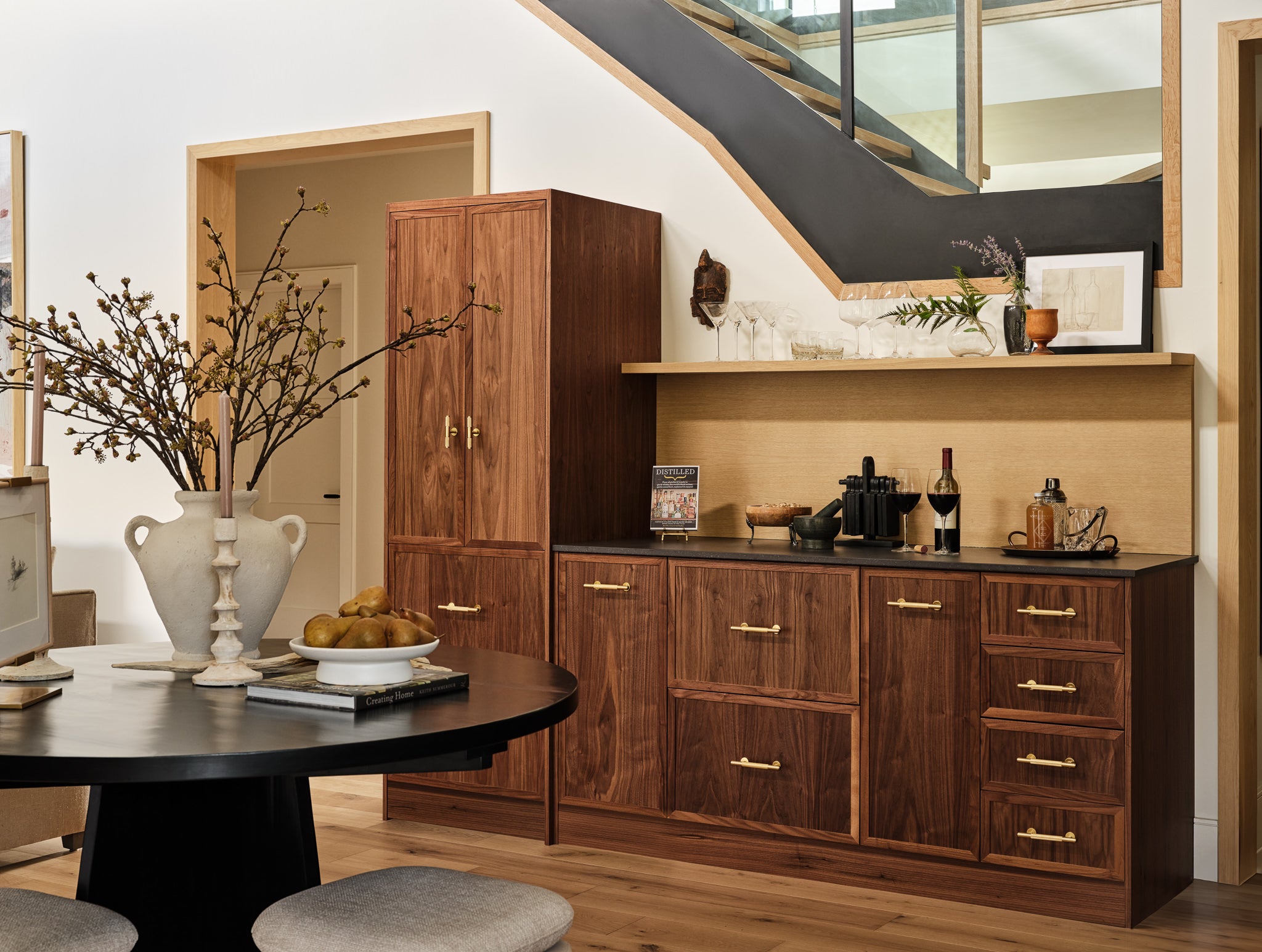 wall unit with satin brass gold pulls