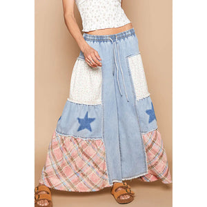 Star Patch Detail Solid Chambray Wide Pants - Denim - The Society Marketplace