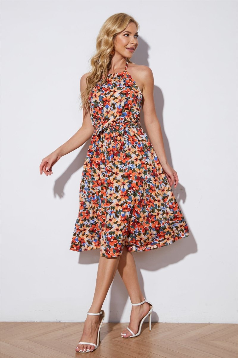 Floral Printed High Waist Halter Dress | GYPSY