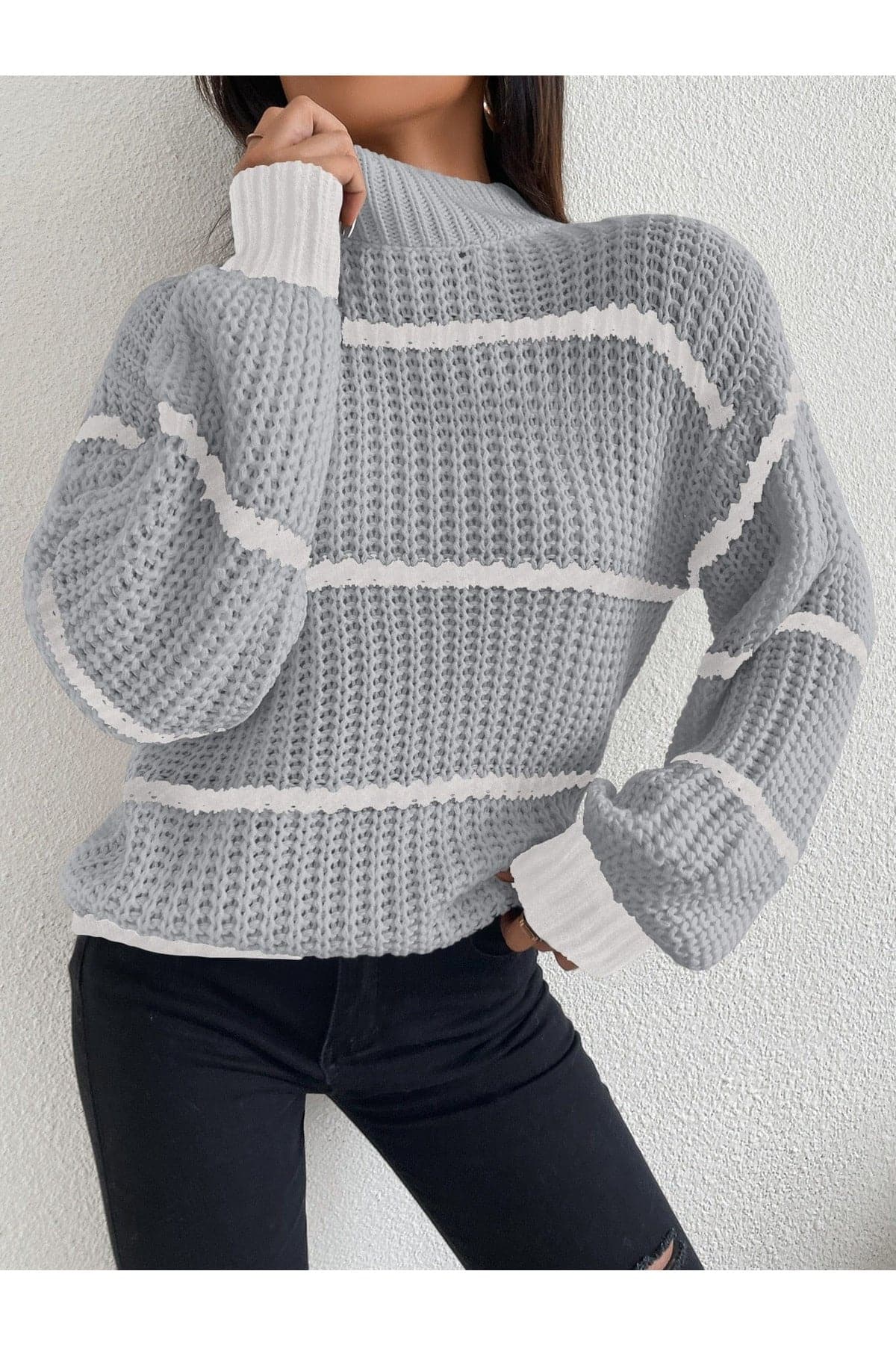 Striped Mock Neck Drop Shoulder Sweater | GYPSY