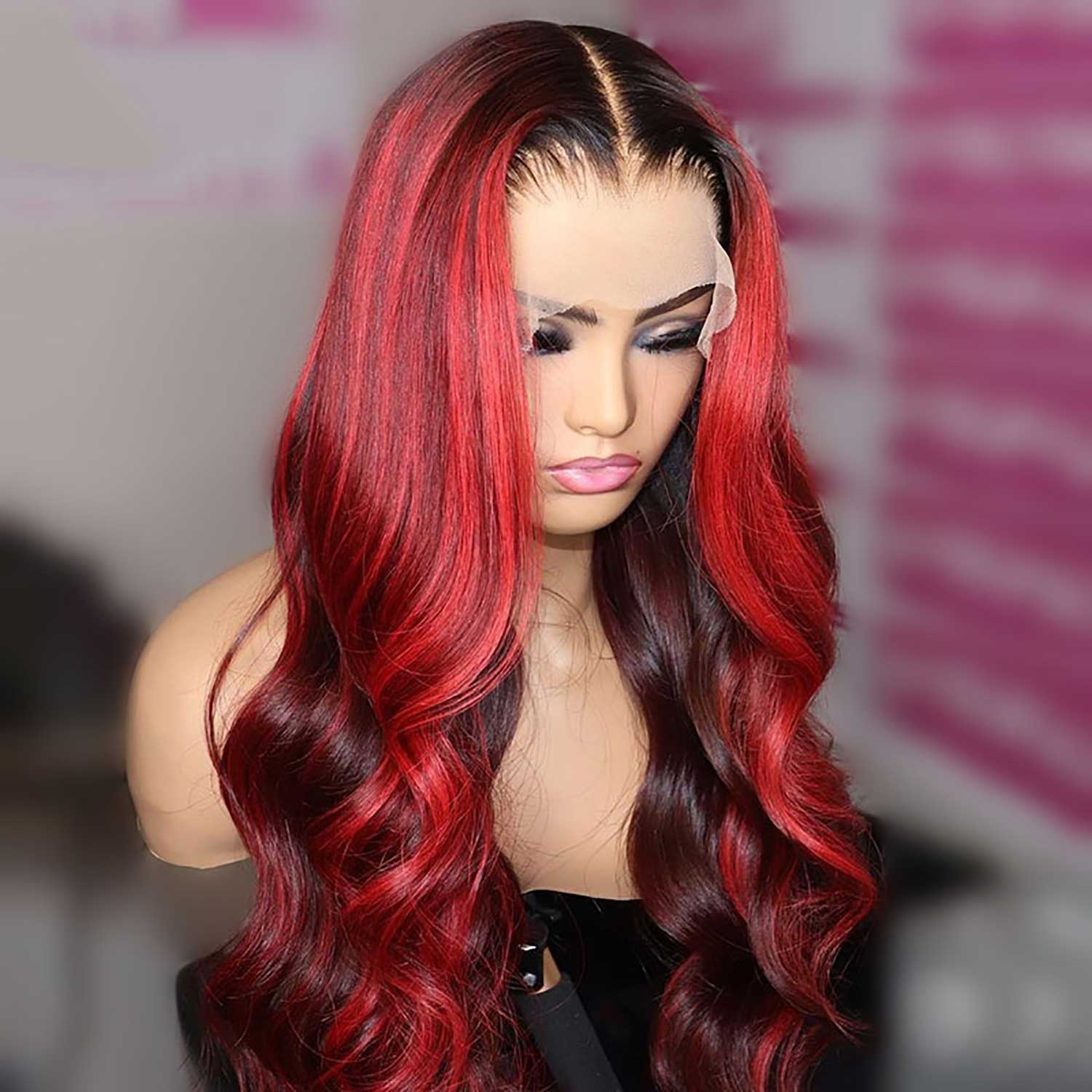 Black With Red Highlights Lace Front Wig 100% Human Hair Wigs – MEBARY