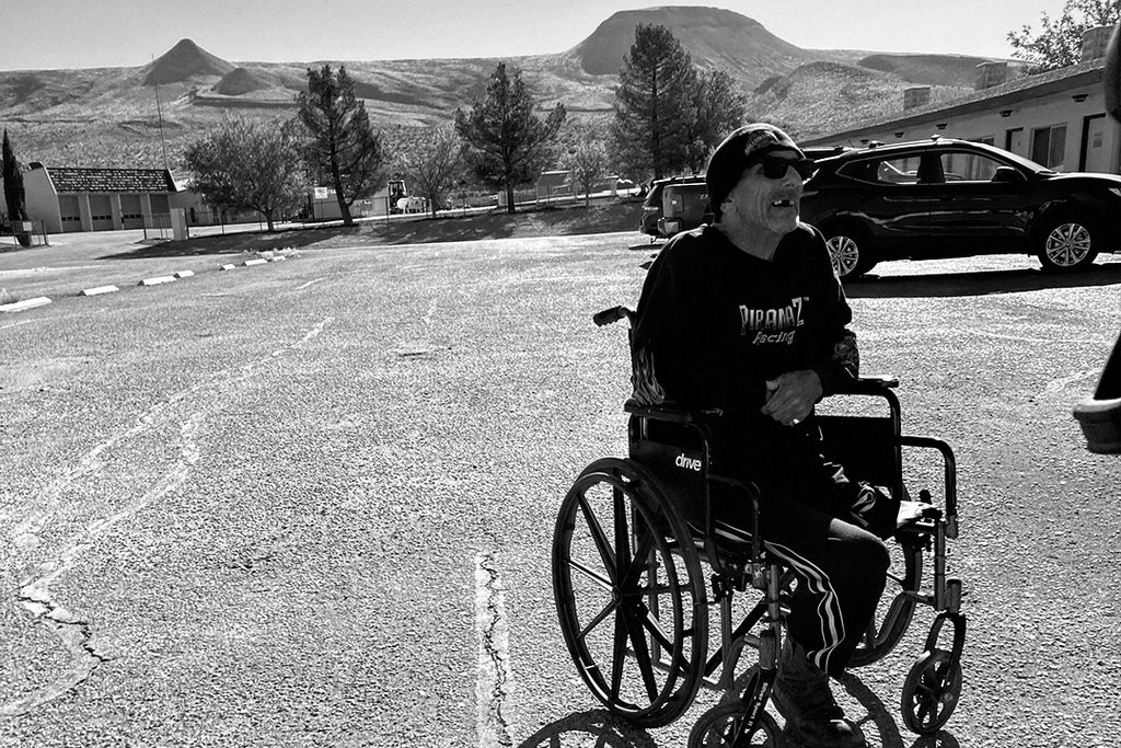 Desert Sammy in a wheelchair