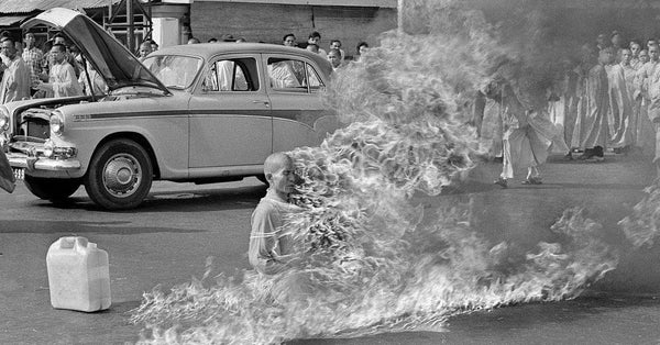 Photo showing a burning Vietnamese monk
