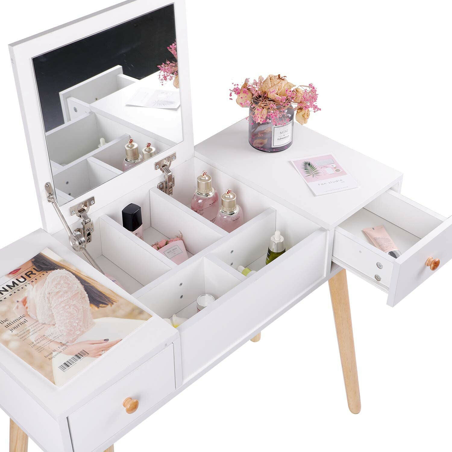White Foldable Makeup Mirror Dressing Table Stool Office Desk Drawer ...