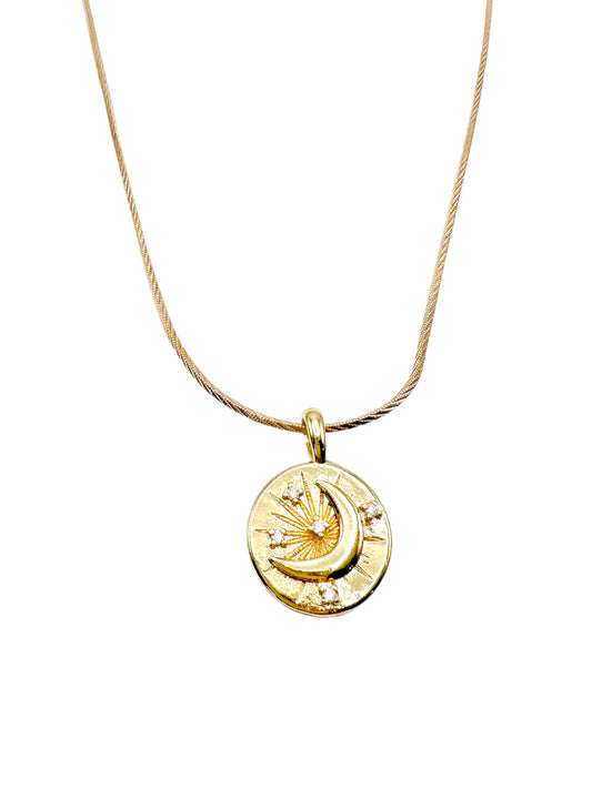 Gold Moon + Stars Zirconia Gemstone Necklace