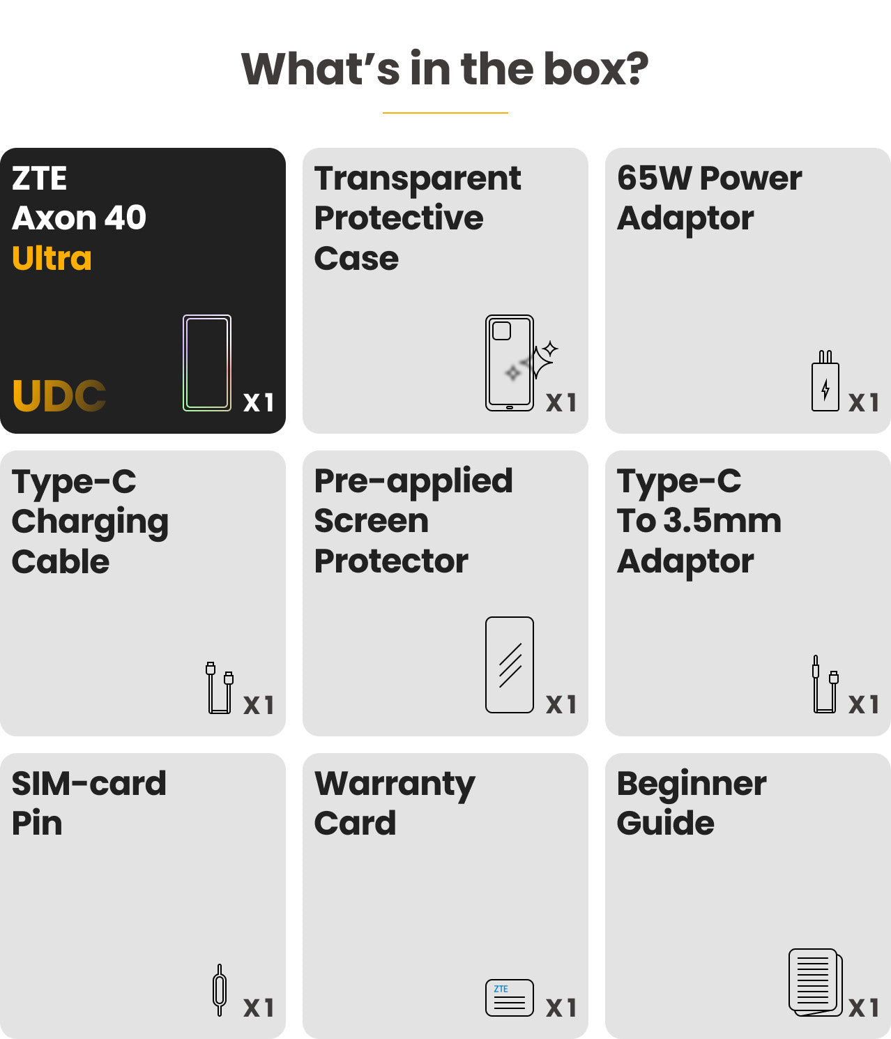 What’s in the box: 1/ One ZTE Axon 40 Ultra; 2/ One Transparent Protective Case; 3/One 65W Power Adaptor; 4/One Type-C Charging Cable; 5/ One Pre-applied Screen Protector; 6/ One Type-C to 3.5mm Adaptor; 7/ One SIM-card Pin; 8/ One Warranty Card; 9/ One Beginner Guide