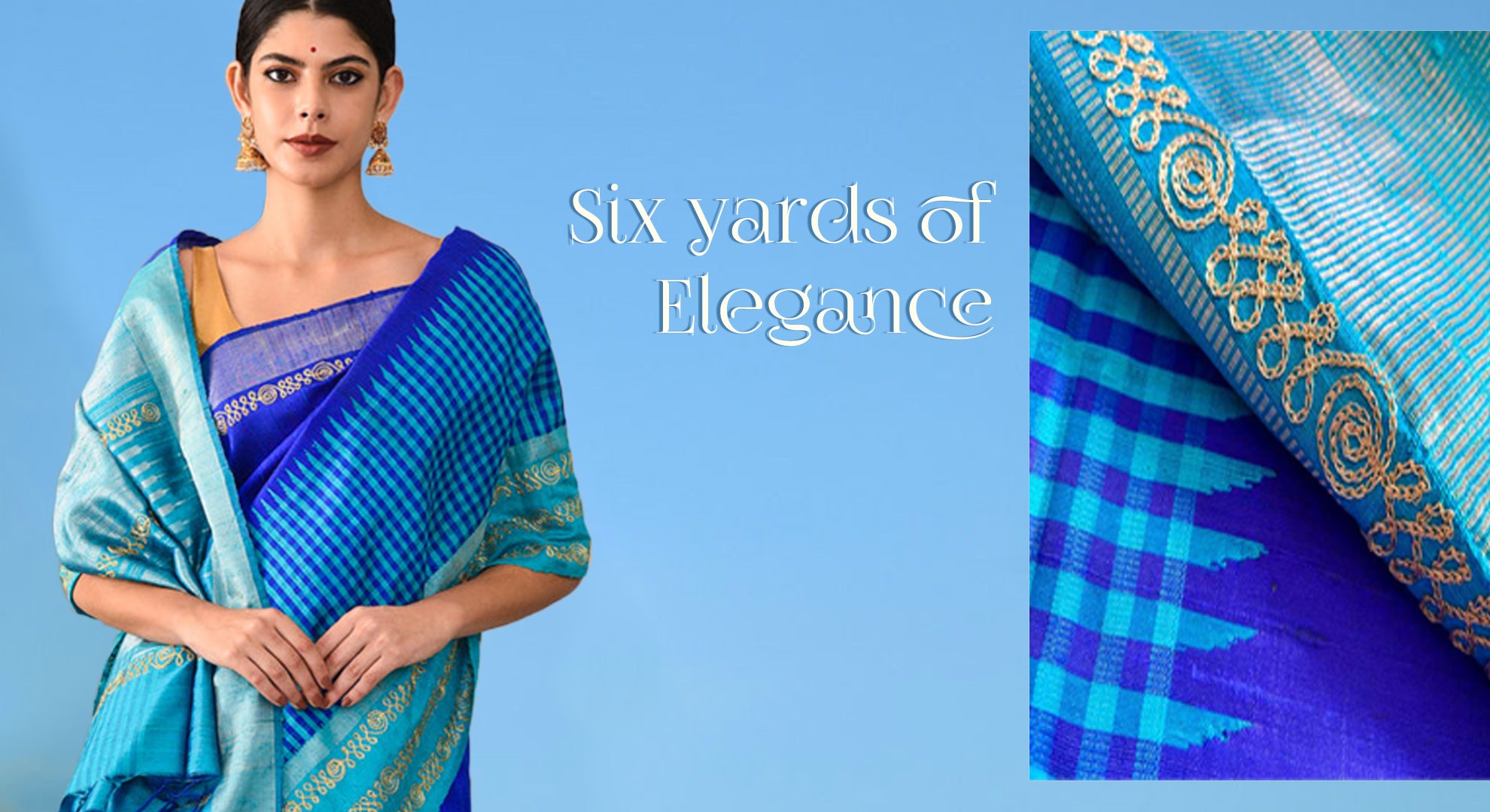 Woman in Tussar Raw Silk Saree in Royal and Turquoise blue colour adorned with aari embroidery