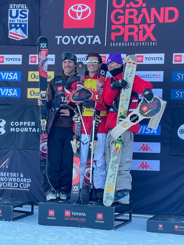 Photo of three freeskiers on the podium at the copper grand prix