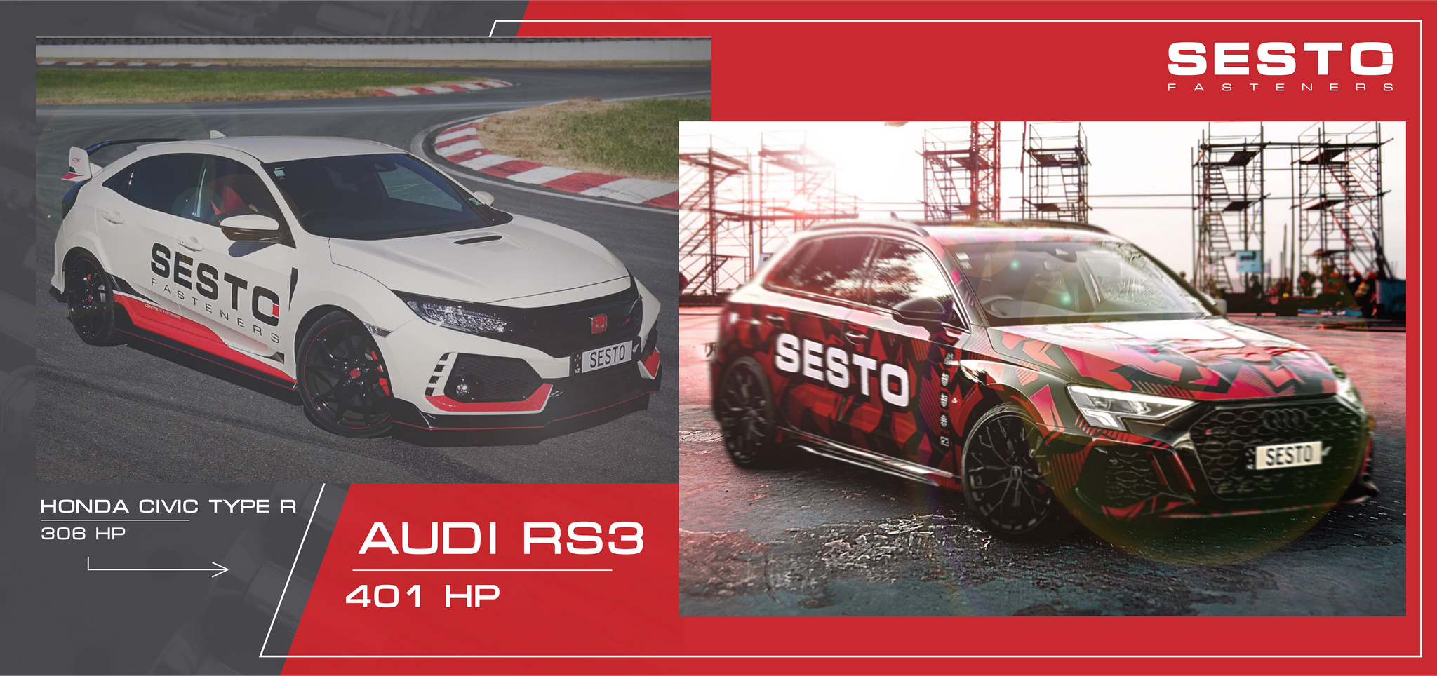 SESTO car comparison graphic of Audi RS3 and Honda Civic Type R.