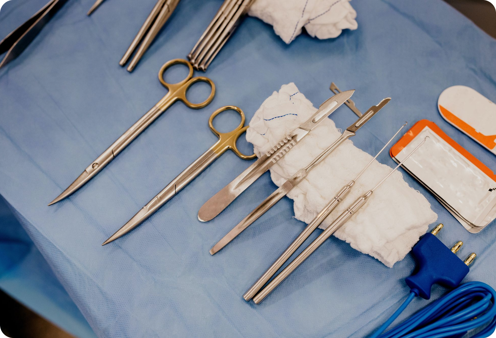 Surgical instruments on tray.