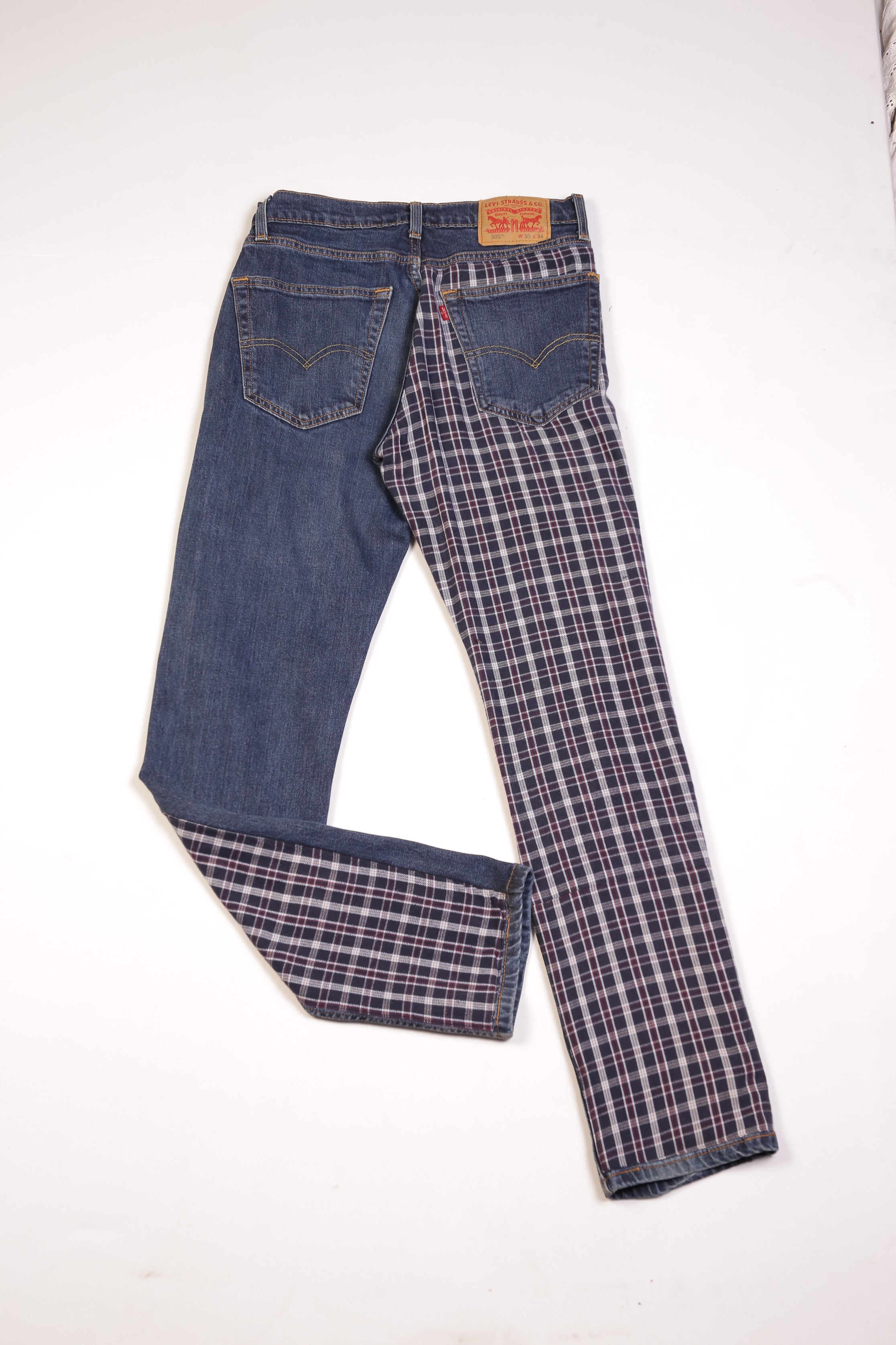 SVG Reworks Mens Levis Denim Jeans with contrast check remade with Den –  Syed Vintage Wholesale