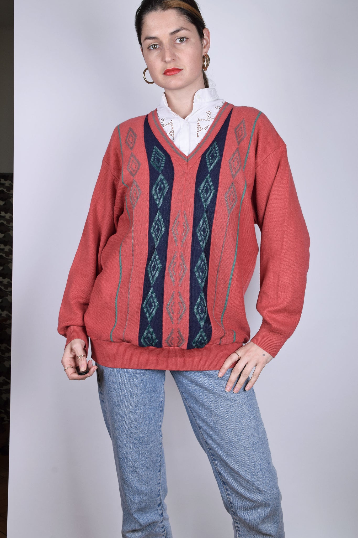 Vintage 90s 80s Geometric Print Retro Sweater Vintage Graphic Knit Sweater Wool knit sweater Vintage Men's Pullover
