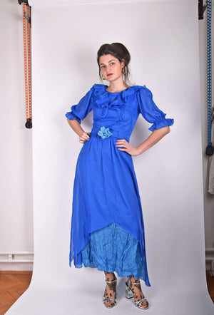 Vintage Blue Long Dress 70s Cottagecore Prom Ruffle Maxi Party Dress 1970s Boho Puff Sleeve Formal Medium Size