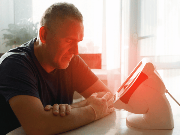 a man being treated with red light therapy on his face.