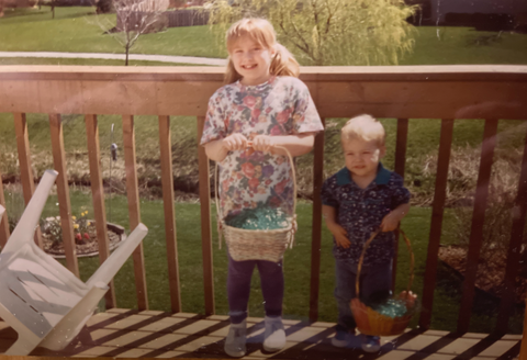Jill's two children when they were kids holding easter baskets