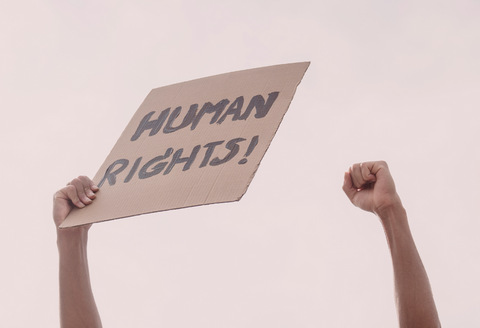 Why disability inclusion is important: disability rights are human rights. Person holding a cardboard sign that says "human rights!"