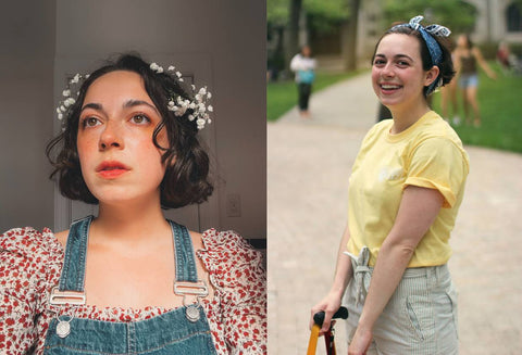 Two pictures of Britt, one of her looking off to the distance with a flower crown and the other she's smiling at the camera while using her mobility aid to stand
