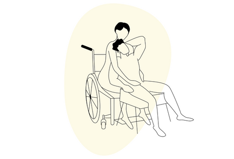 Sex positions for wheelchair users, a man is sitting on a backless chair while a woman in a wheelchair behind him reaches around to touch him