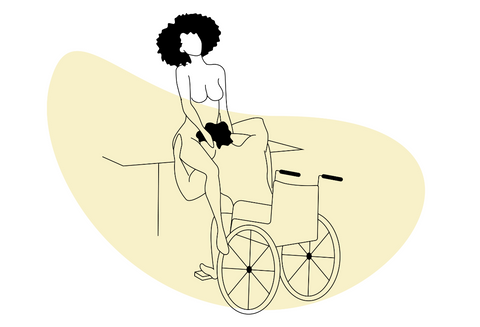 Sex positions for wheelchair users, man in a wheelchair performs oral sex on a woman sitting at the edge of a bed
