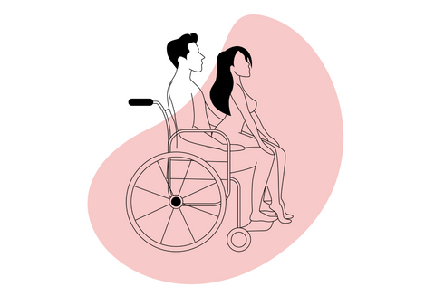 Sex positions for wheelchair users, reverse cowgirl, woman is sitting on top of a man in a wheelchair, facing away from him