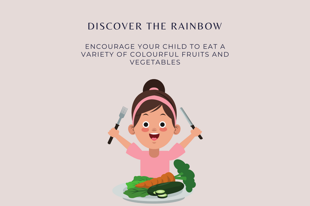 Encourage your child to eat a variety of colorful fruits and vegetables. Make it a game to explore new produce together, creating excitement around different colors, textures, and tastes. Plan family trips to farmers' markets or involve them in cooking nutritious meals. Remember, healthy food can be both delicious and visually appealing!