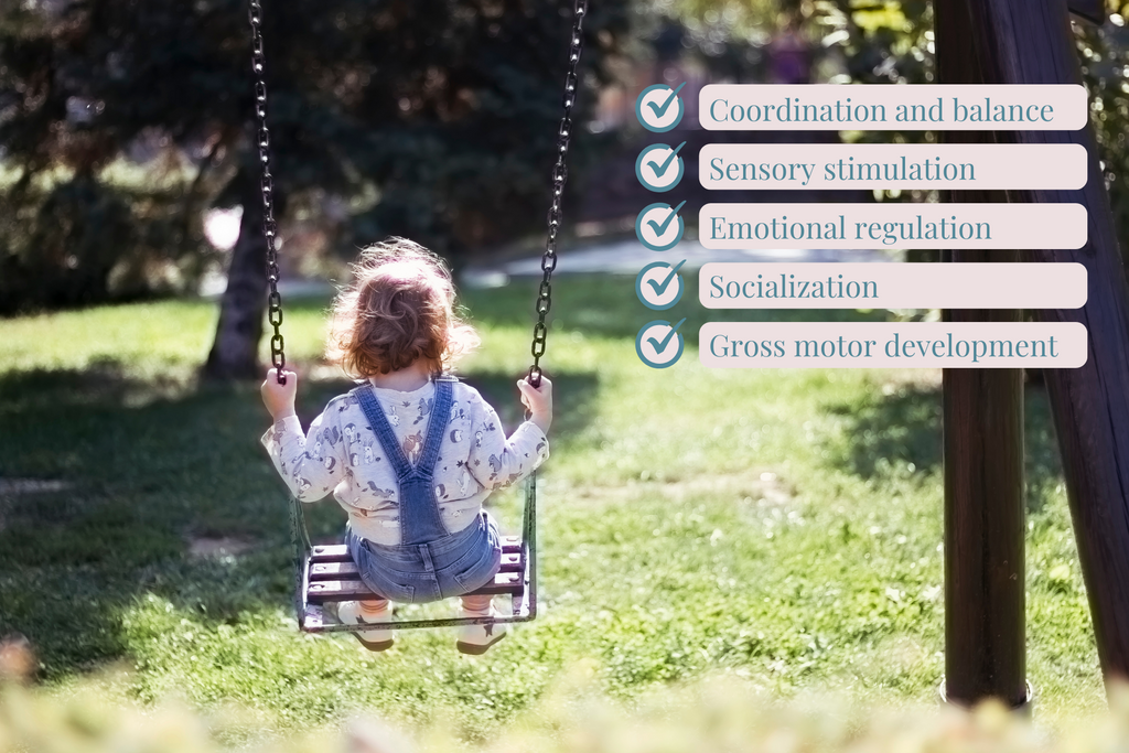 Socialization: Swings can be a fun activity for children to enjoy together, promoting socialization and teamwork.  Gross motor development: Swinging can help develop gross motor skills such as jumping off the swing, pumping their legs to swing higher, and catching themselves when they jump off.