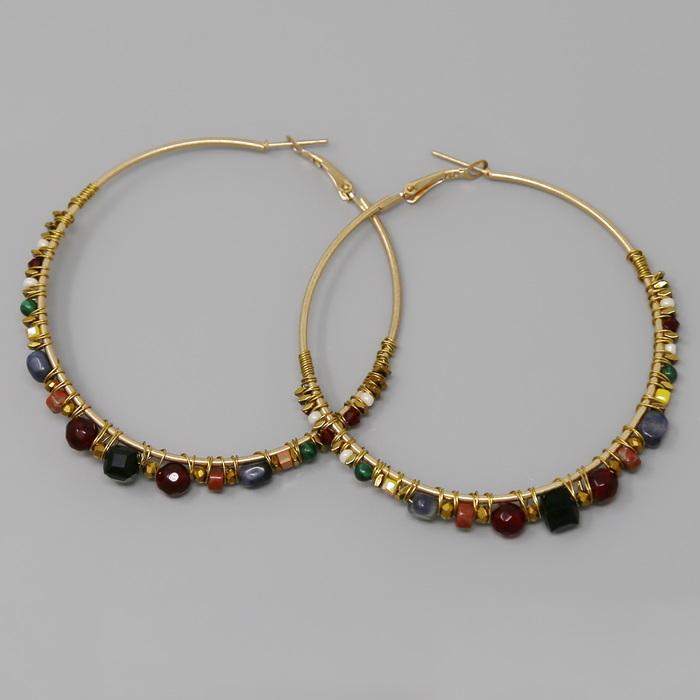 Glass Bead Fringe Wire Hoop Earrings