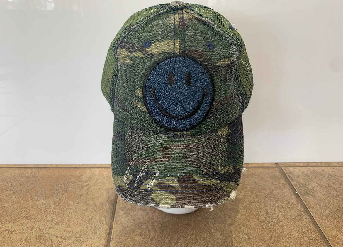 Army Baseball Cap with Blue Smiley Face