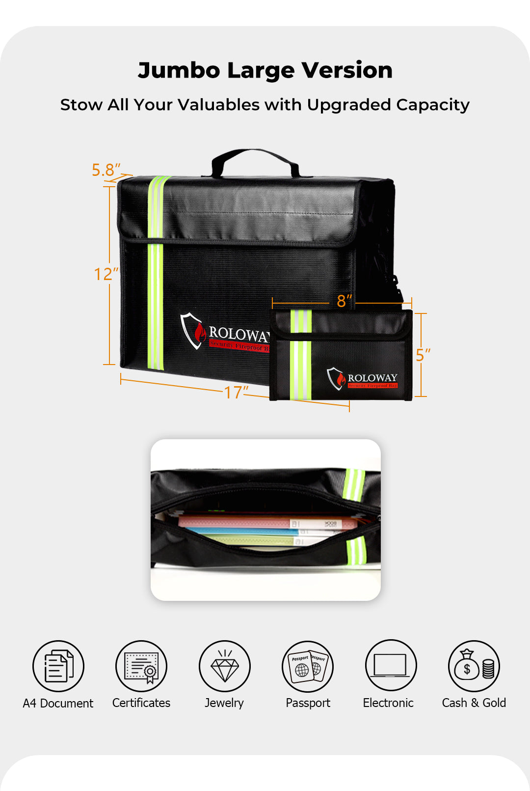 ROLOWAY JUMBO Fireproof Bag with Reflective Strip, 17 x 12 x 5.8 inches6