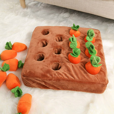 Carrot Field Snuffle Toy with some plush carrots pulled out of the toy