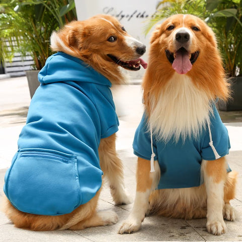 Two dogs wearing Blue Extra Warm Fleece Dog Hoodies