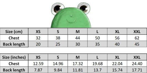 Froggy Dog Hoodie size chart