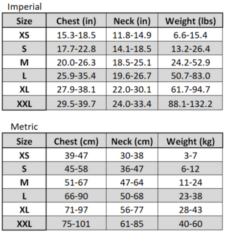 Personalized Reflective Harness size chart
