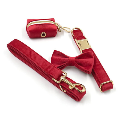 Red Velvet Leash, Poop Bag Pouch, Bowtie and Collar set