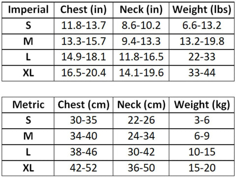 Reflective Harness size chart