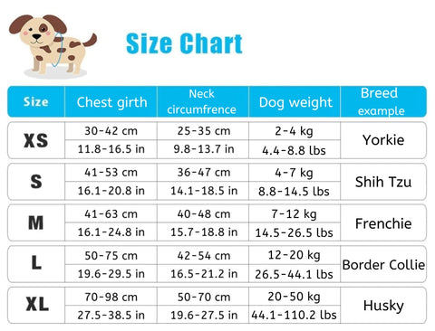 Shark & Mermaid Dog Life Jacket size chart