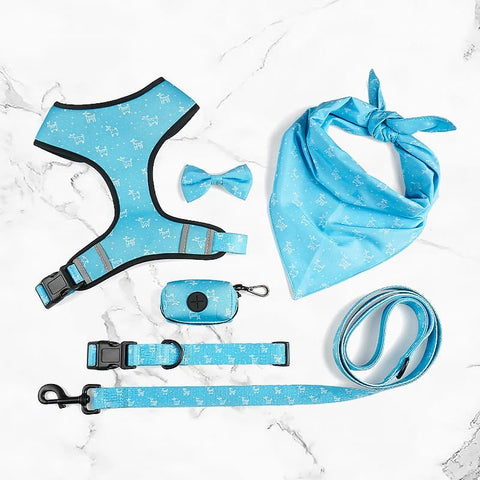 Blue Six Piece Harness Set including the Harness, Bowtie, Bandana, Poop Bag Pouch, Collar and Leash