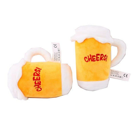 Two Beer Mug Plush Toys in front of a white background