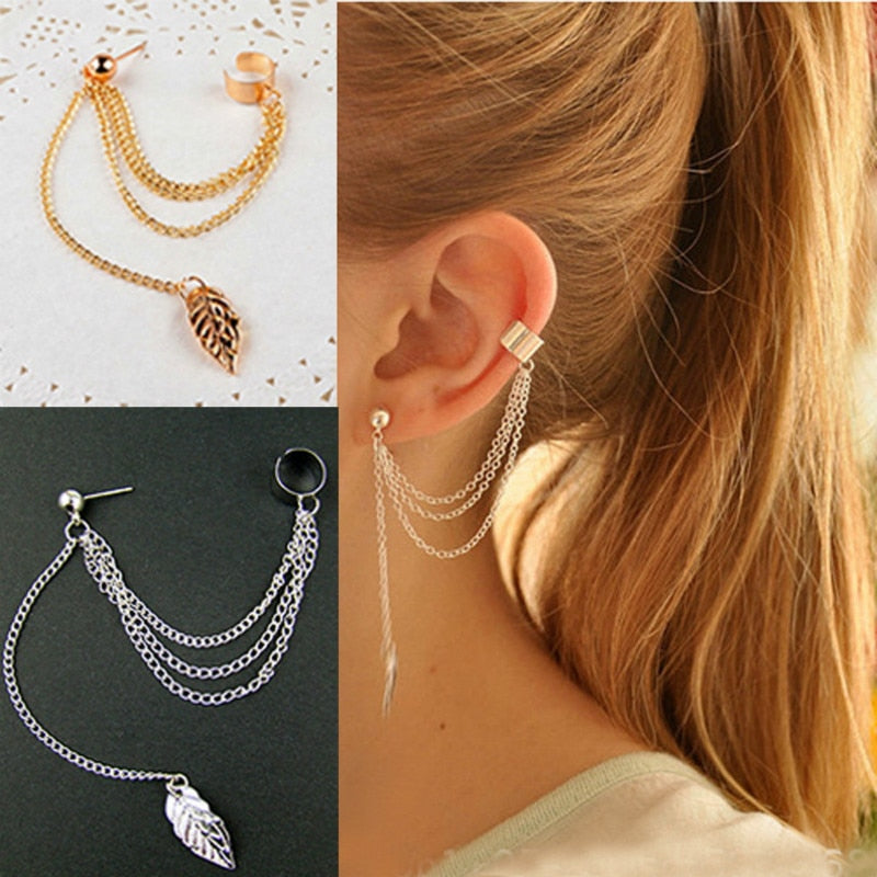1pcs Earrings Jewelry Fashion Personality Metal Ear Clip Leaf Tassel Earrings For Women Gift Pendientes Ear Cuff Caught In Cuffs
