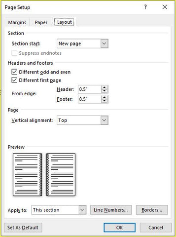 Microsoft Word Page Setup - Layout tab