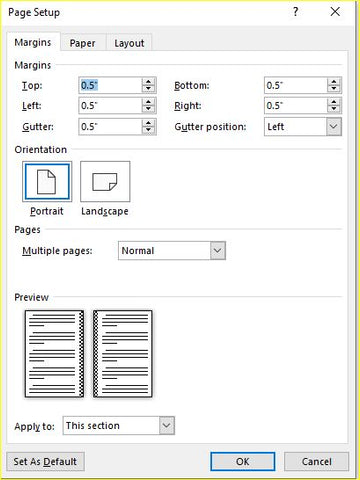 Microsoft Word Page Setup - Margins tab