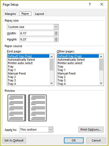 Microsoft Word Page Setup - Paper tab