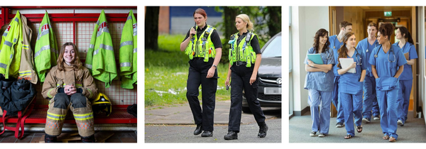 Image of a female fire fighter, police officer and doctor - all wearing trousers