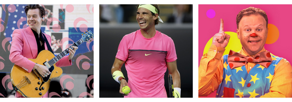 Image of influential men wearing pink, including Mr Tumble, Harry Styles and Nadal