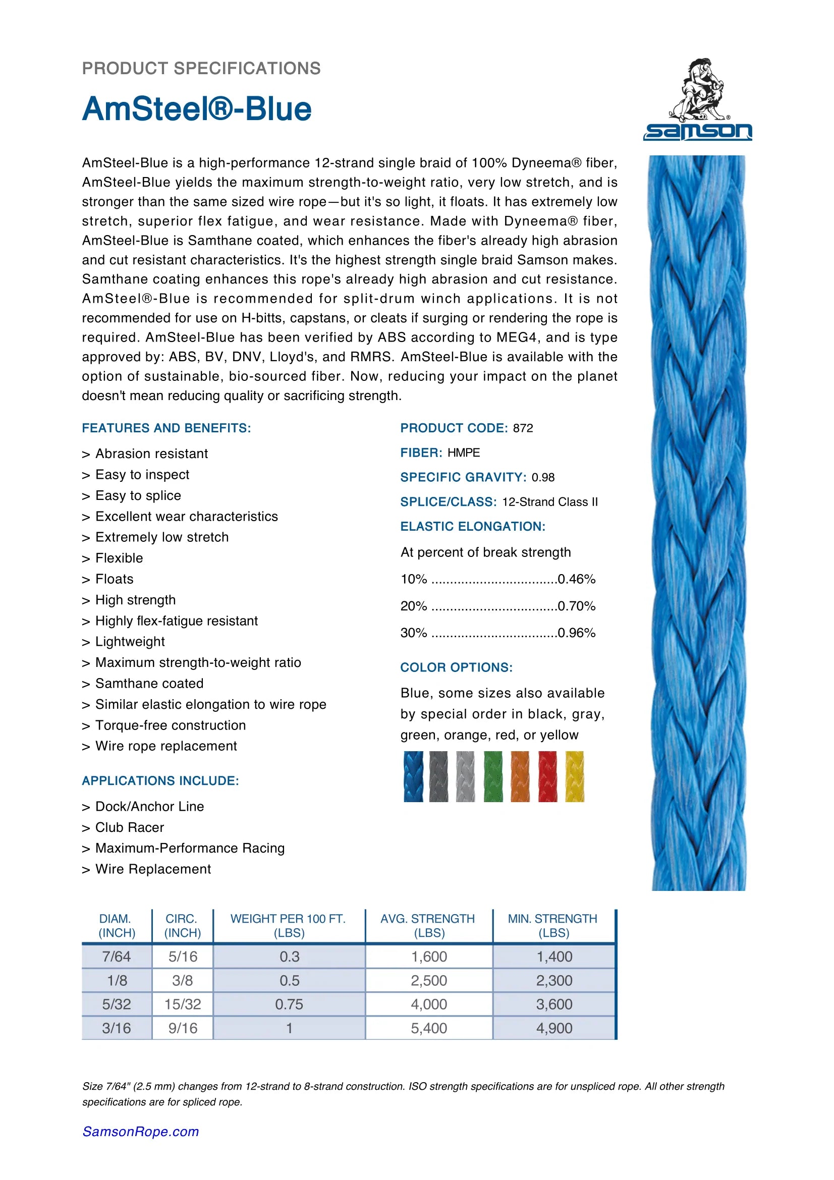 Samson AmSteel®-Blue 12-Strand Dyneema SK-78 Synthetic Line