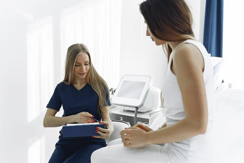  A nurse speaking with a female patient in a doctor’s office while taking notes on a chart.